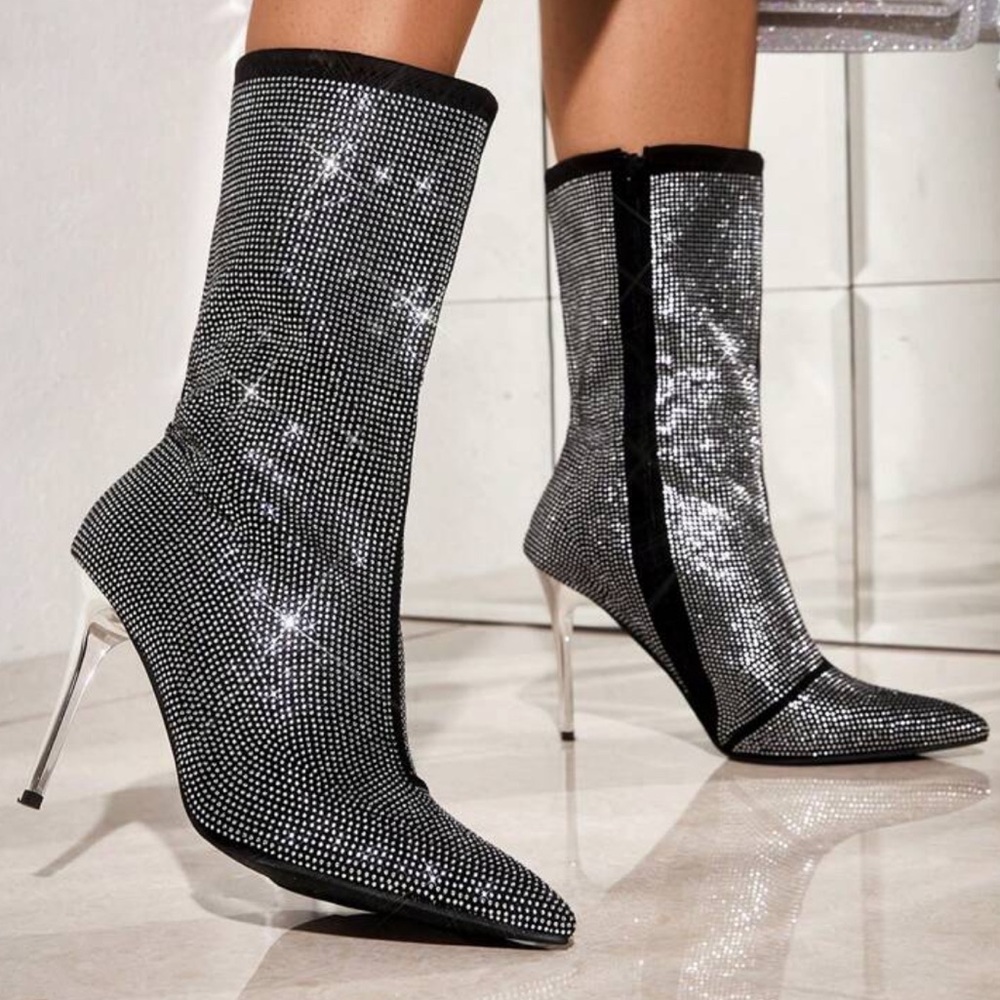 Rhinestone studded stiletto black stud silver high heeled calf boots heels shoes